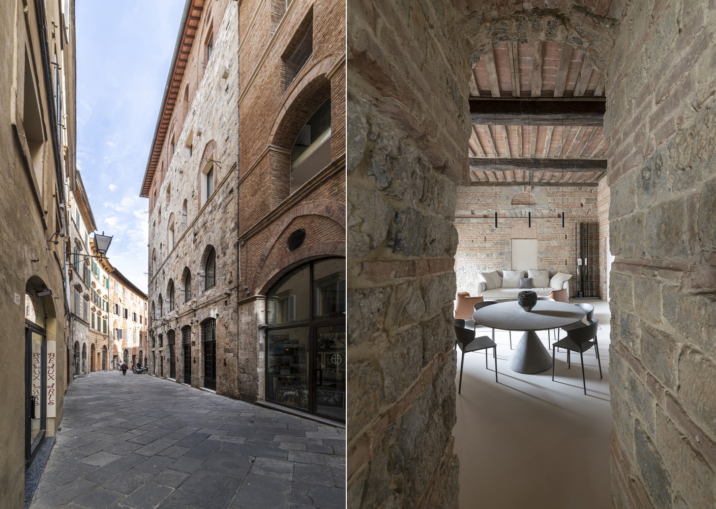 Minimalist Home Inside a Medieval Tower in Siena indoor outdoor history