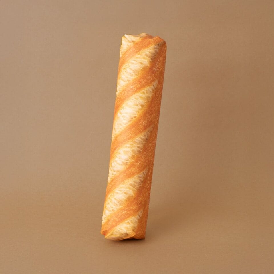 a long gift wrapped in paper with a realistic bread design. the object closely resembles a baguette