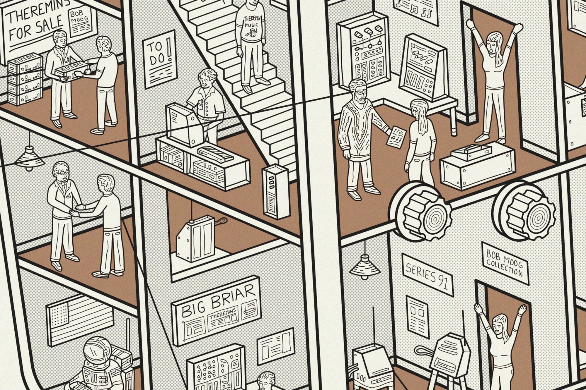 a detail of a cutaway diagram showing tiny figures sitting in a theremin that resembles a building-like structure