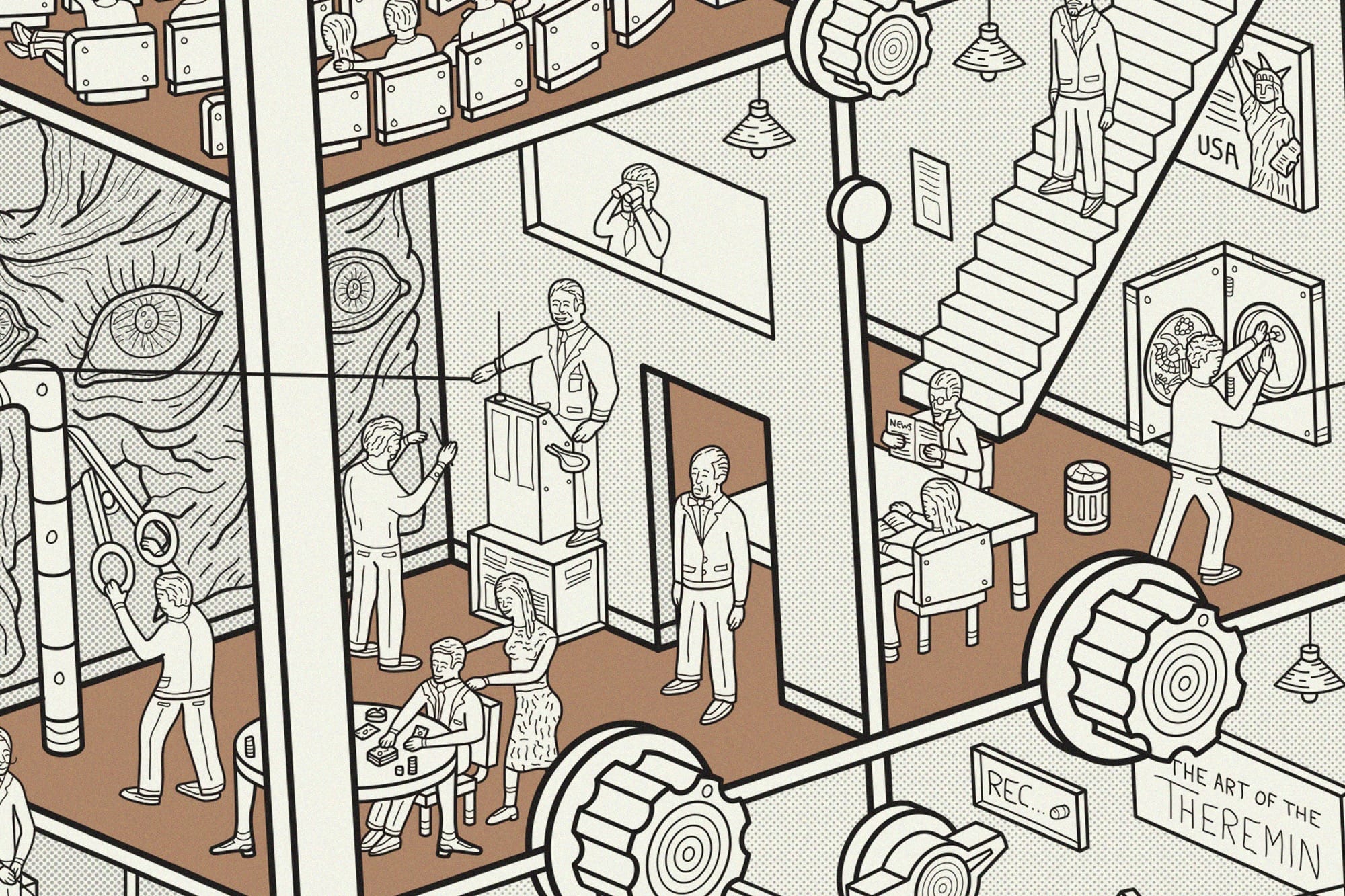 a detail of a cutaway diagram showing tiny figures sitting in a theremin that resembles a building-like structure