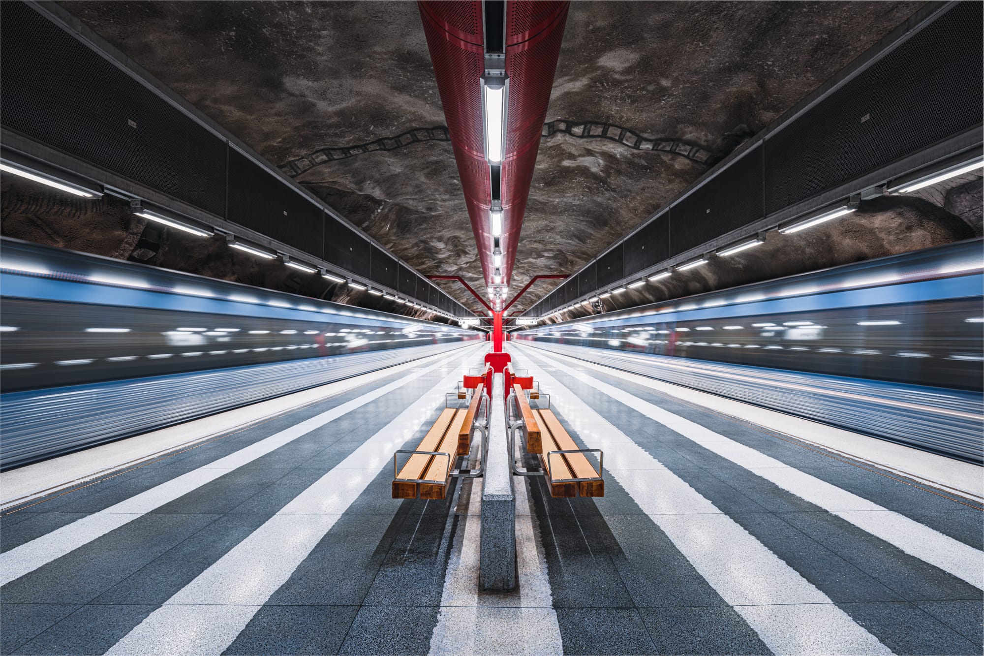 the interior of a Stockholm subway station