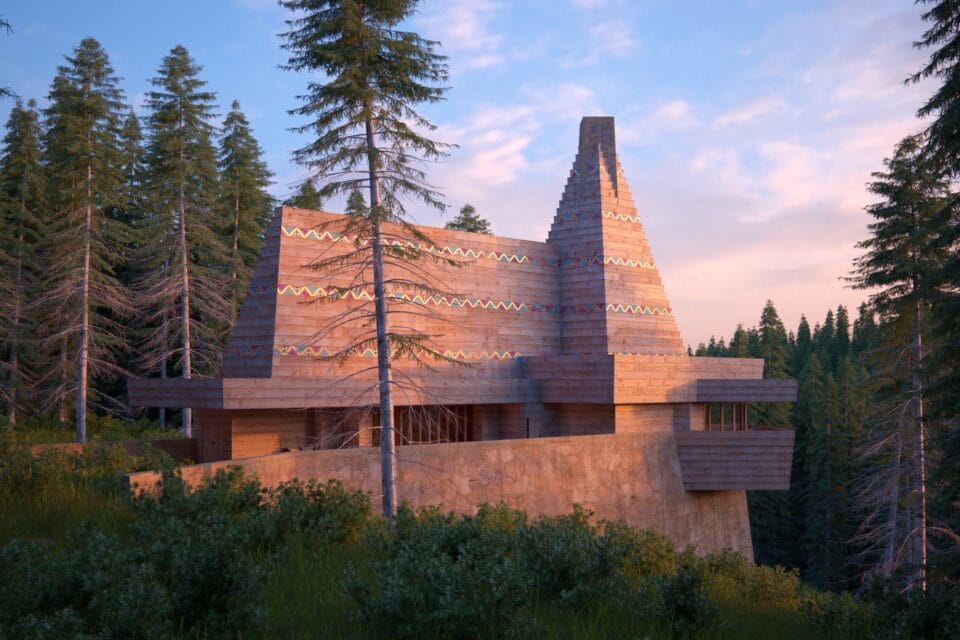 a digital rendering of a modern stone house originally designed by Frank Lloyd Wright