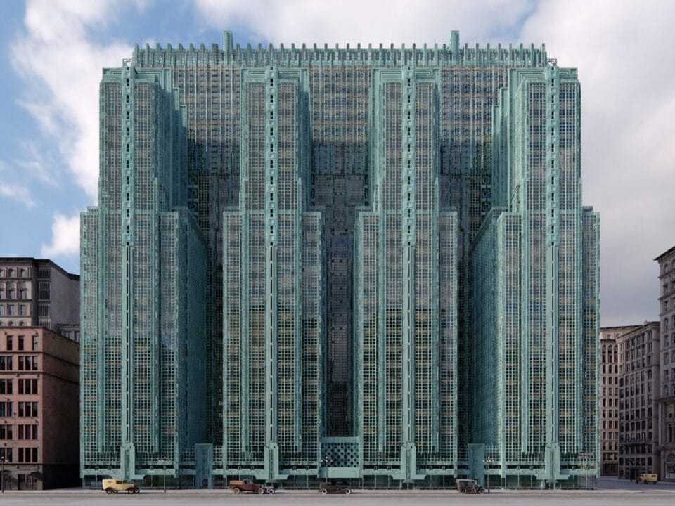 a digital rendering of a modern glass building originally designed by Frank Lloyd Wright