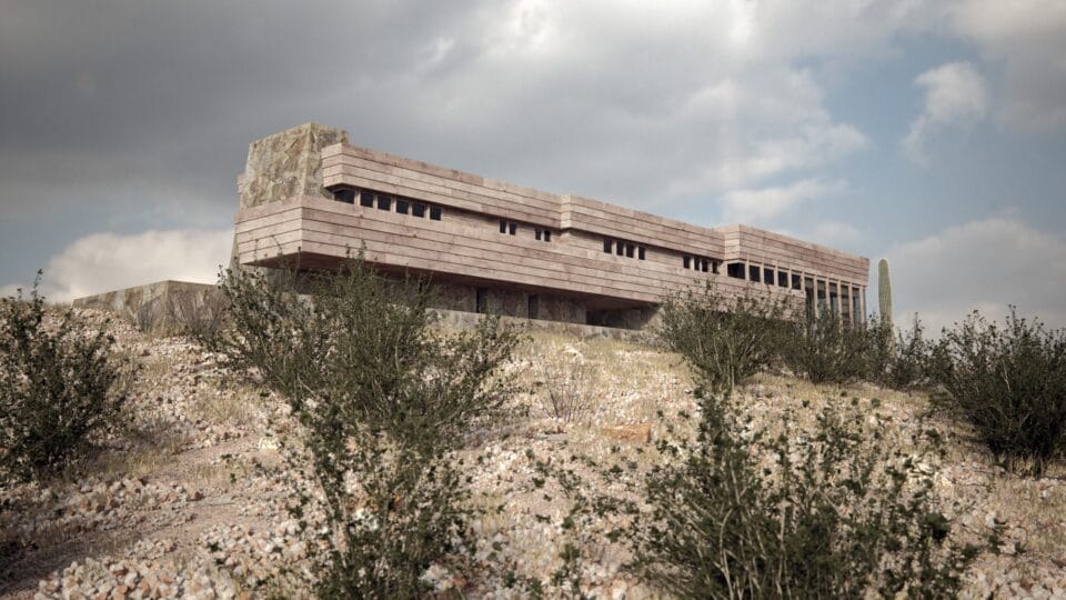 a digital rendering of a modern, linear stone house originally designed by Frank Lloyd Wright