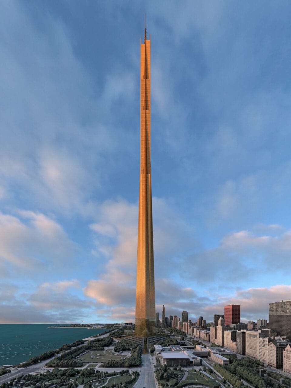 a digital rendering of a futuristic mile-high skyscraper in Chicago orginally designed by Frank Lloyd Wright