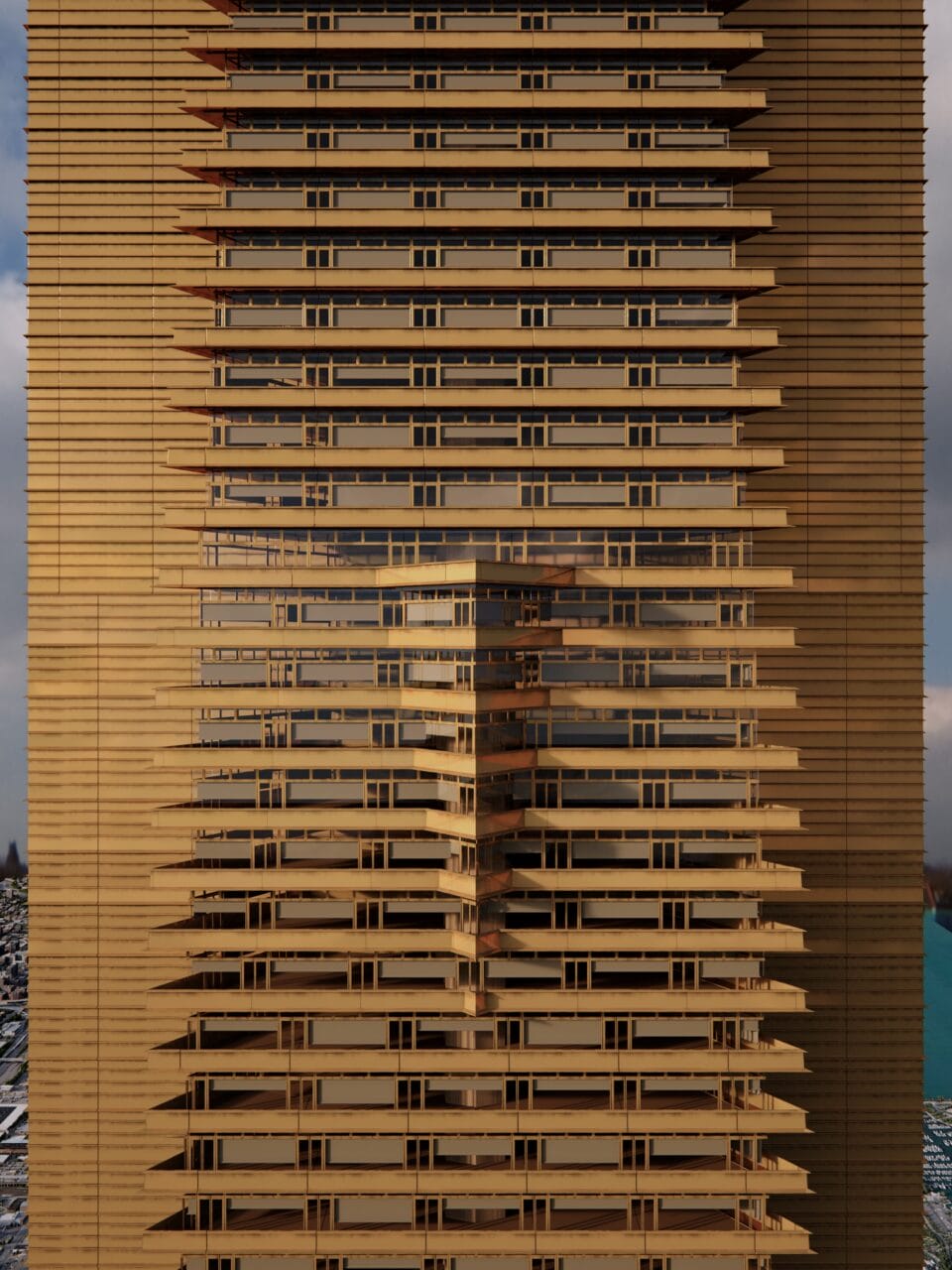 a detail of a digital rendering of a futuristic mile-high skyscraper in Chicago orginally designed by Frank Lloyd Wright