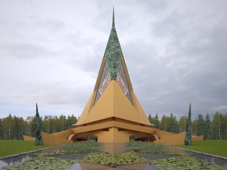 a digital rendering of a modern church with a glass spire, originally designed by Frank Lloyd Wright
