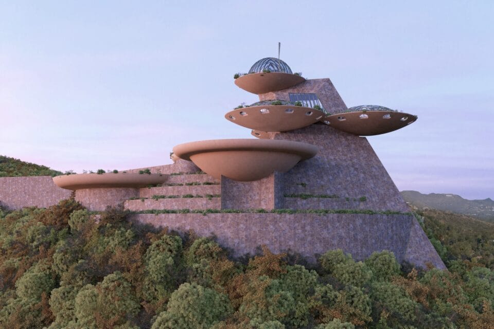 a digital rendering of a modern, futuristic building originally designed by Frank Lloyd Wright