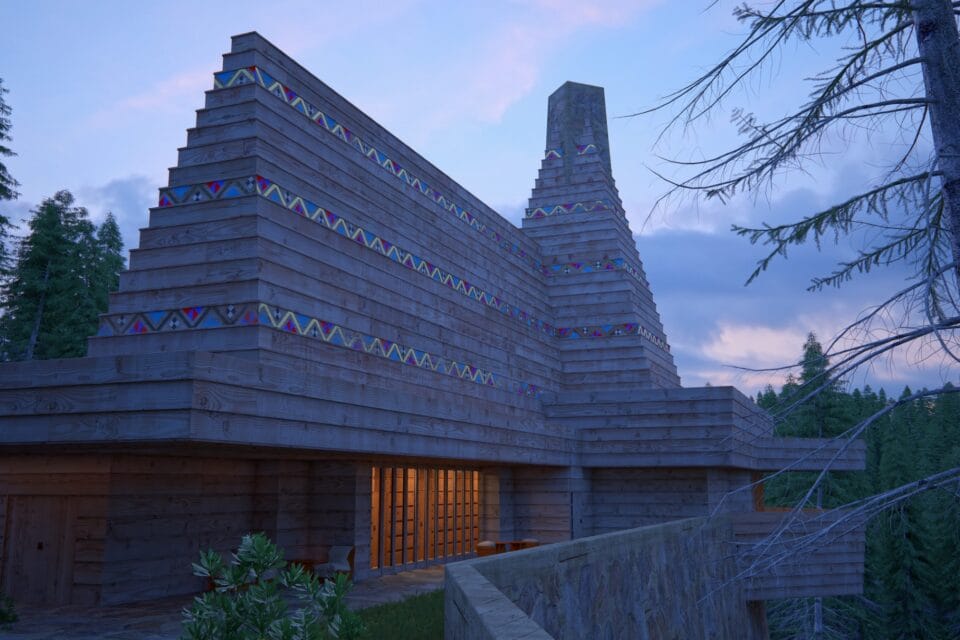 a digital rendering of a modern stone house originally designed by Frank Lloyd Wright