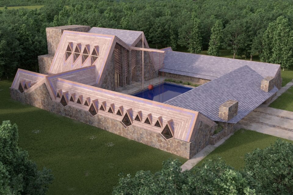 a digital rendering of a school with an enclosed courtyard originally designed by Frank Lloyd Wright