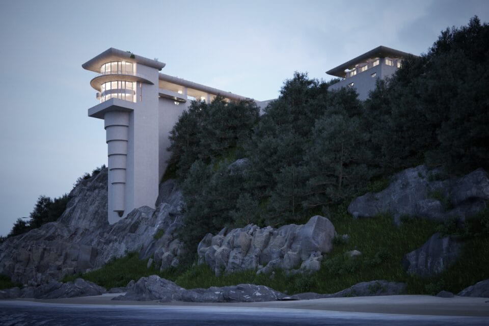 a digital rendering of a futuristic white house on a cliff originally designed by Frank Lloyd Wright
