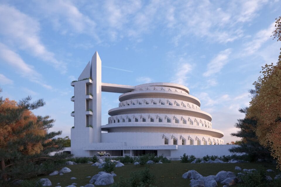 a digital rendering of a futuristic white building orginally designed by Frank Lloyd Wright