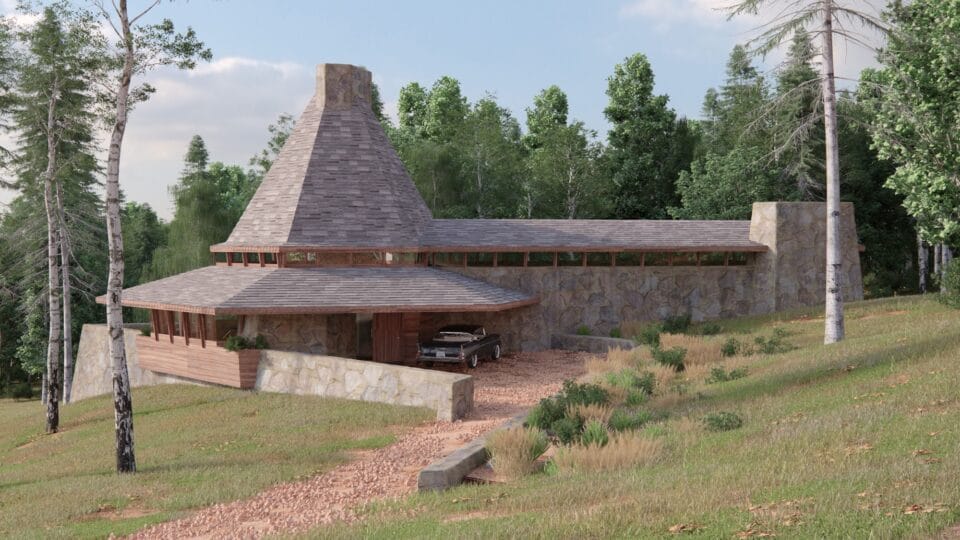 a digital rendering of a modern stone house originally designed by Frank Lloyd Wright