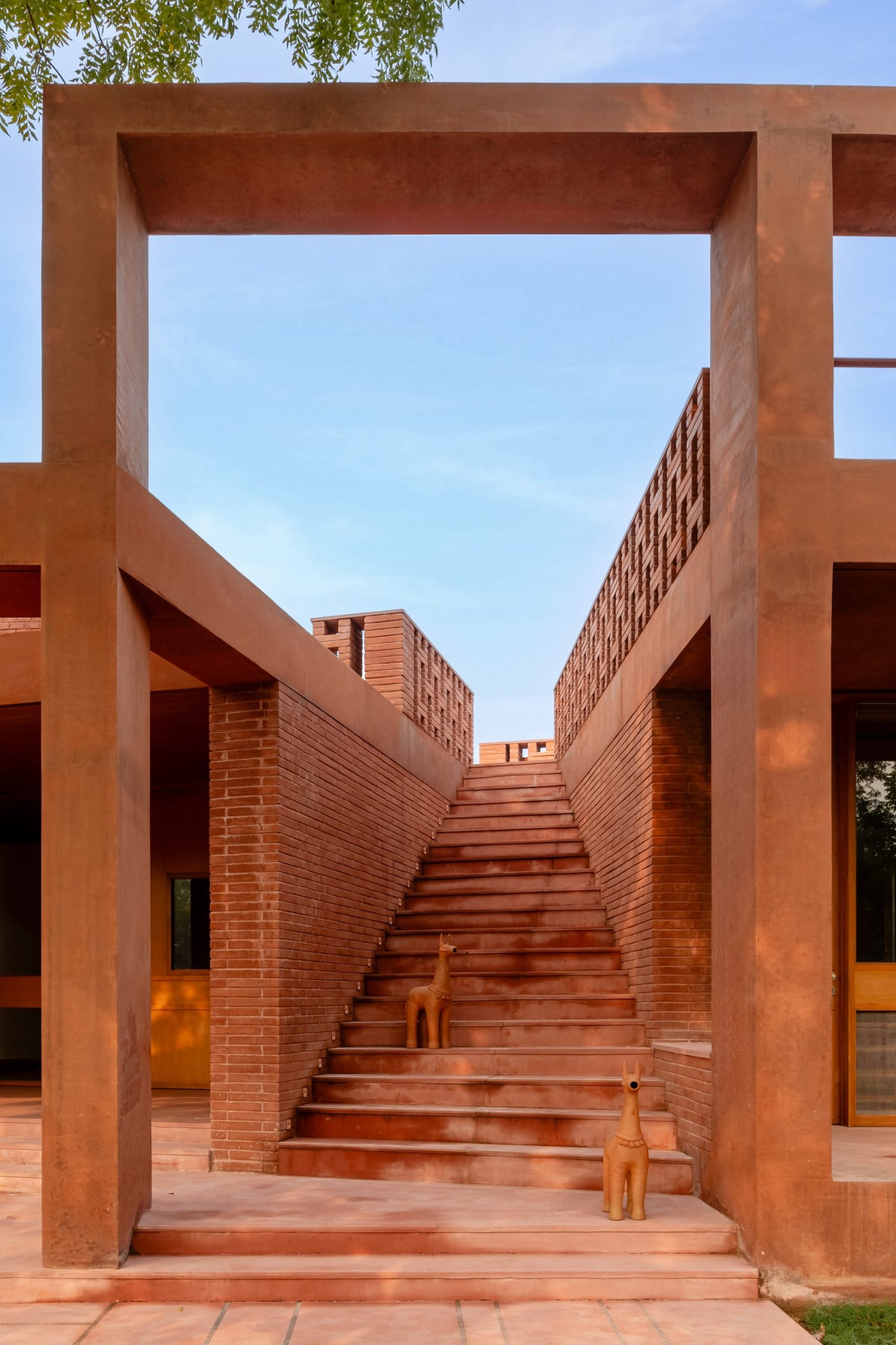 a detail of a contemporary brick home's stairwell