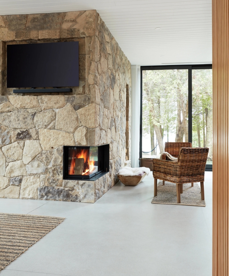 Huron Kinloss Cottage stacked fireplace indoor