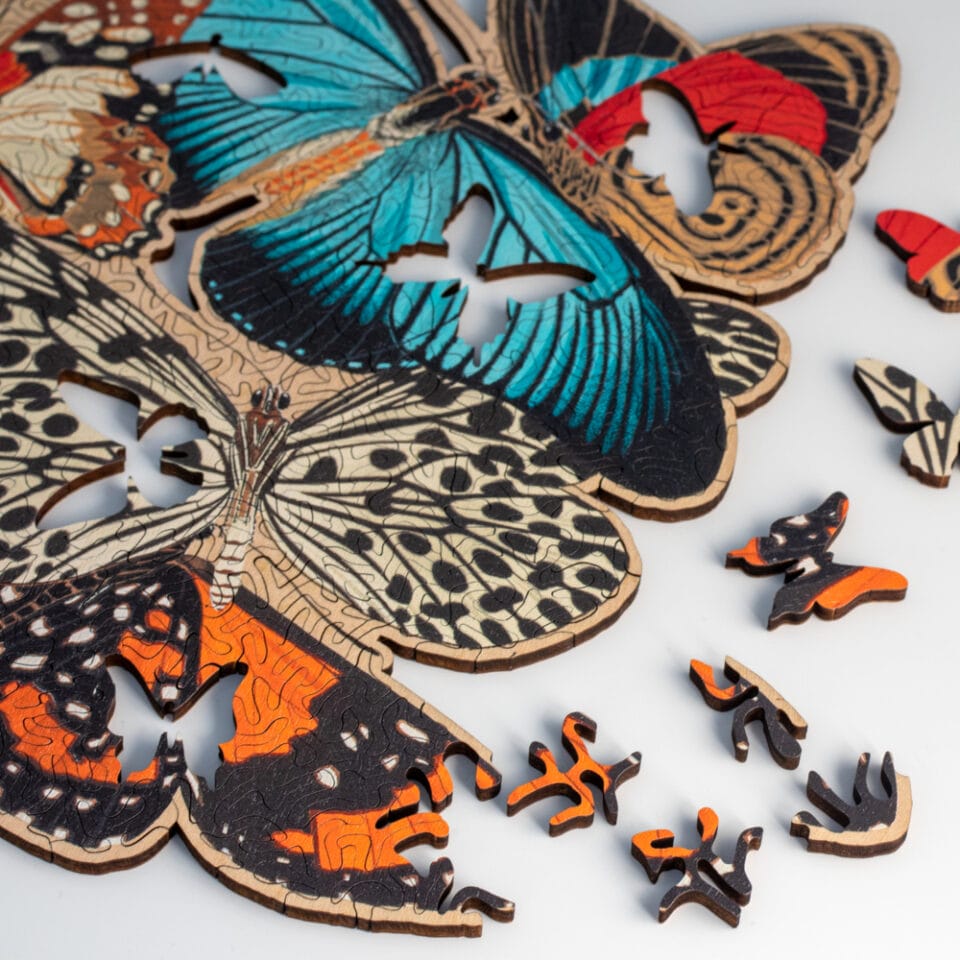 detail of a butterfly jigsaw with close up images of the piece shapes