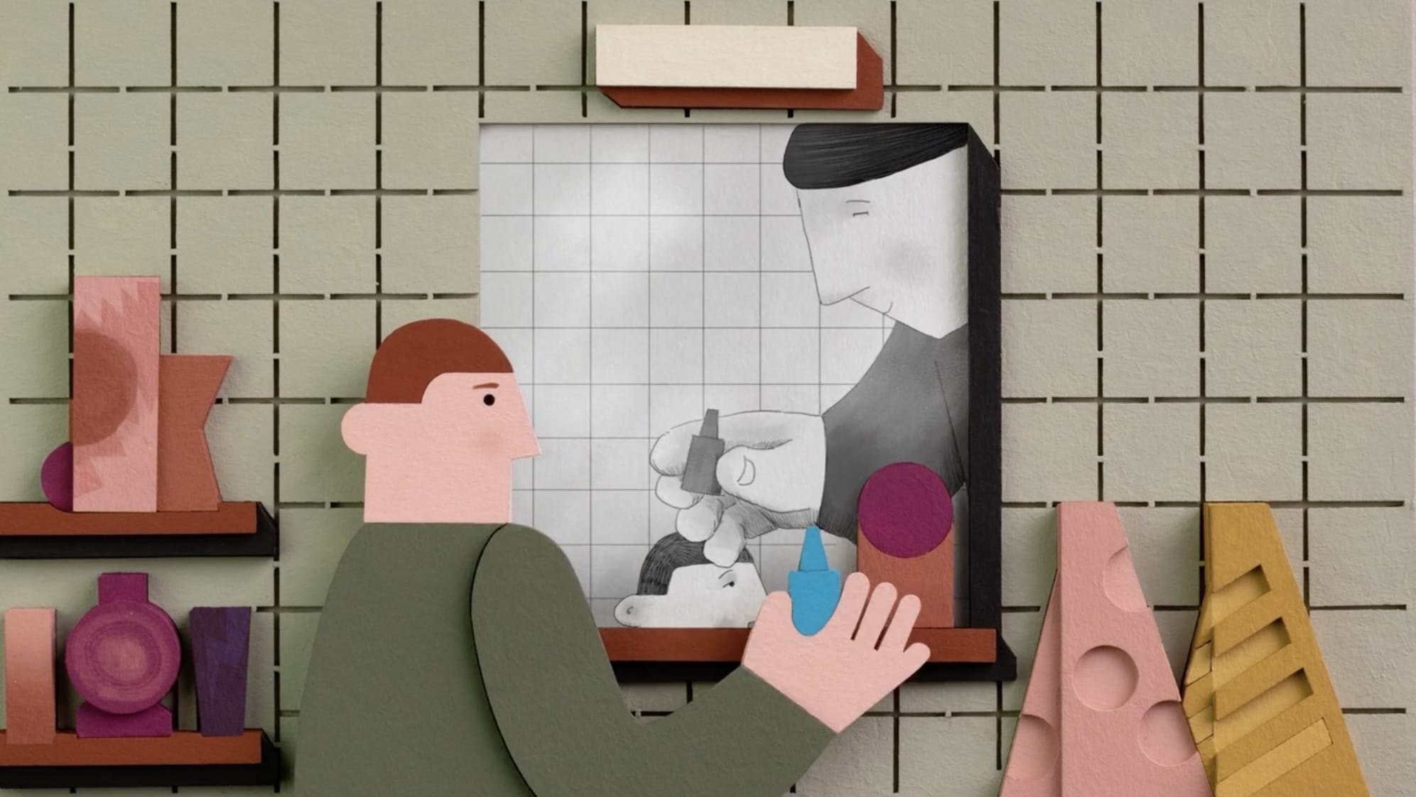 a still from a short animated film showing a young man looking into the mirror and seeing a black-and-white image of his mother and himself when he was younger
