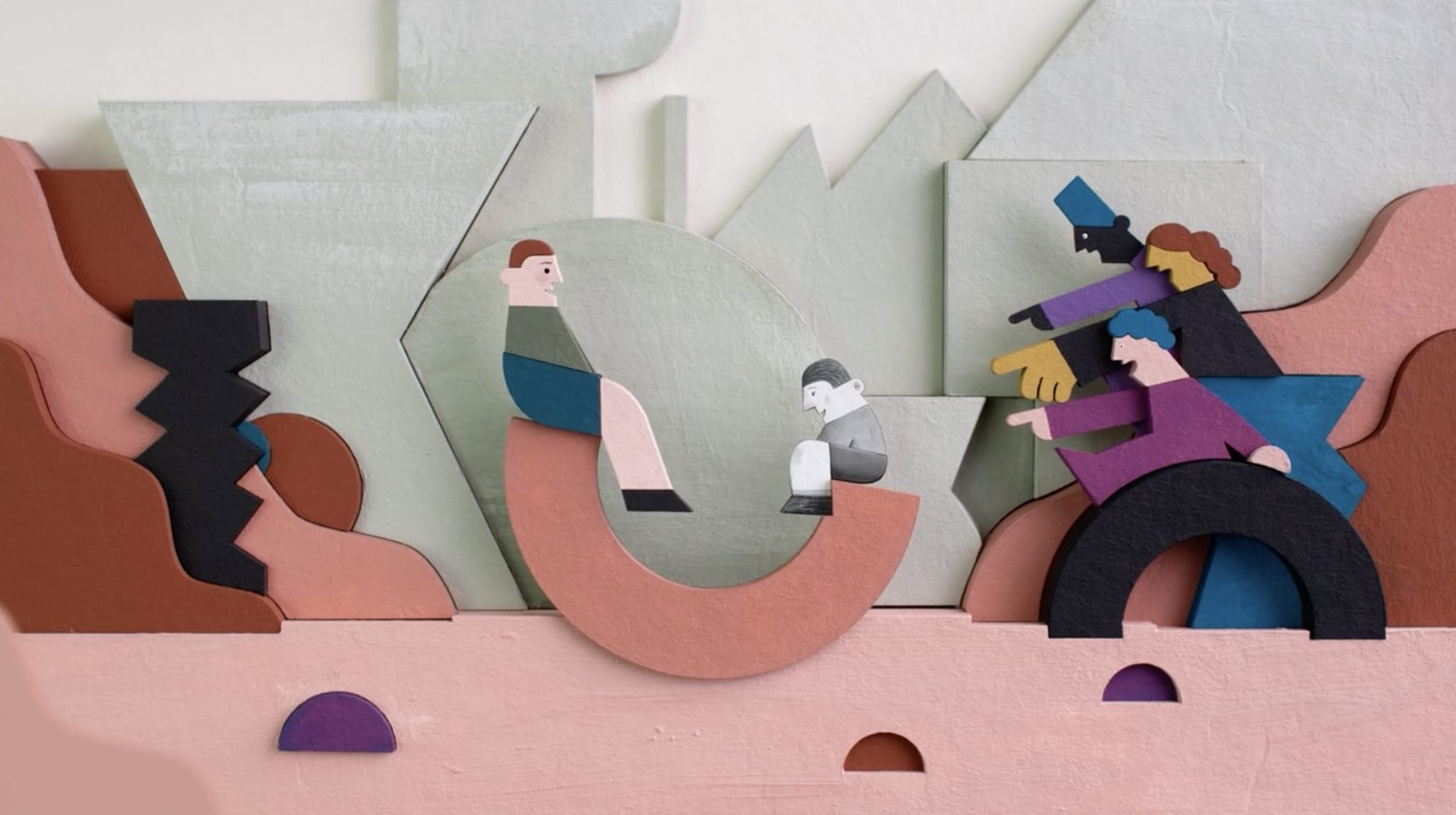 a still from a short animated film showing a young boy sitting on an abstract see-saw across from a smaller, black-and-white version of his younger self