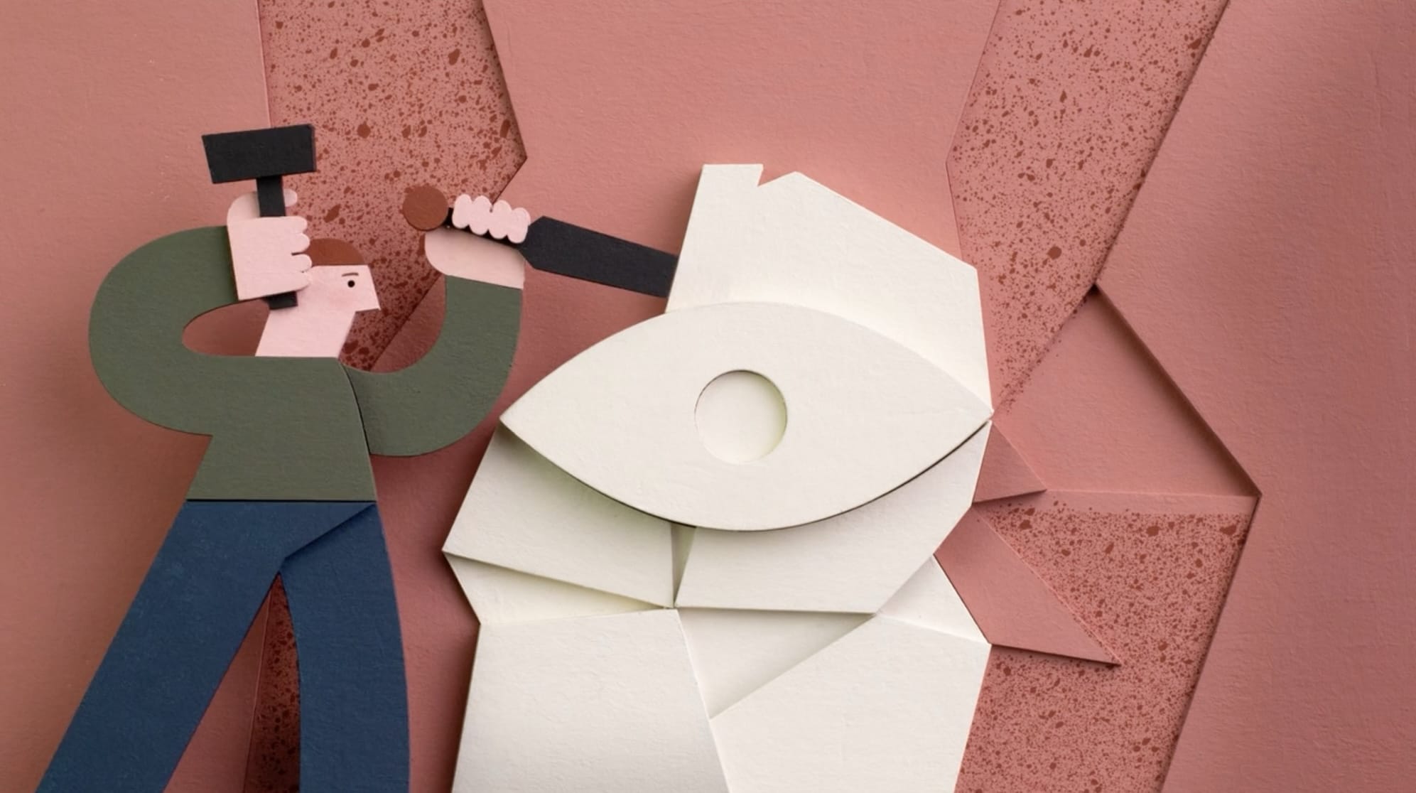 a still from a short animated film showing a young man chiseling at a sculpture