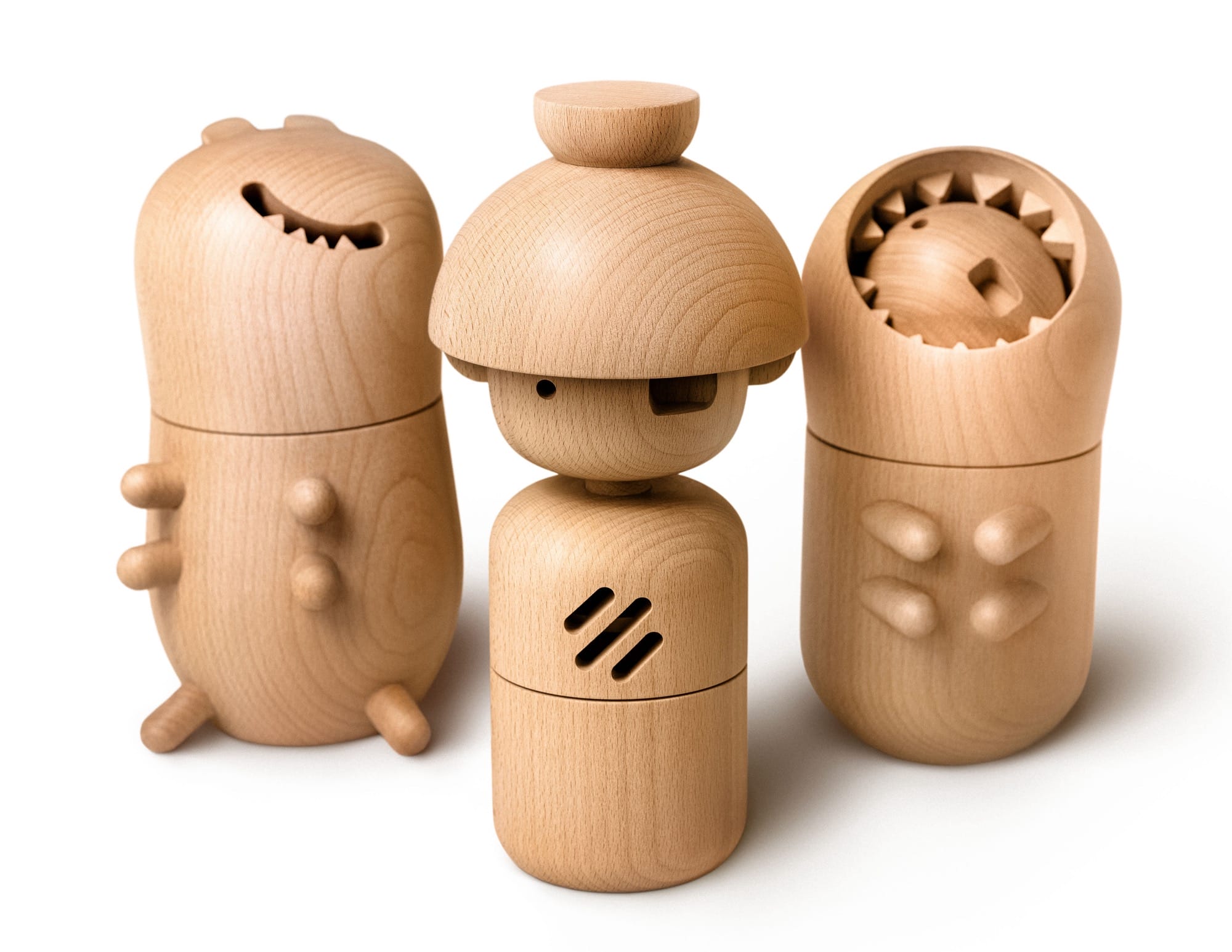 three cartoonish wooden figures that hold speakers inside