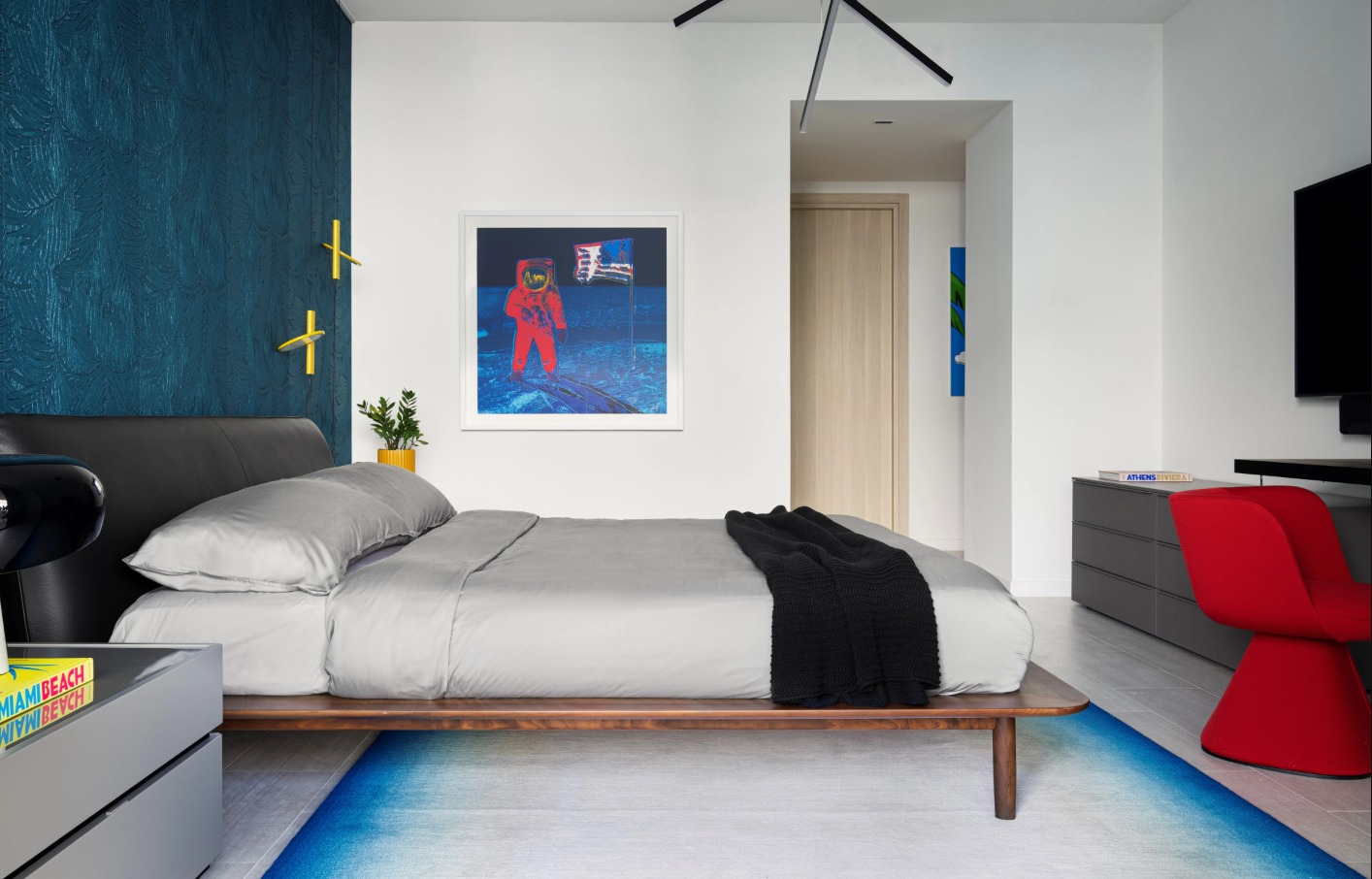 Miami interior design with modern furniture leather bed