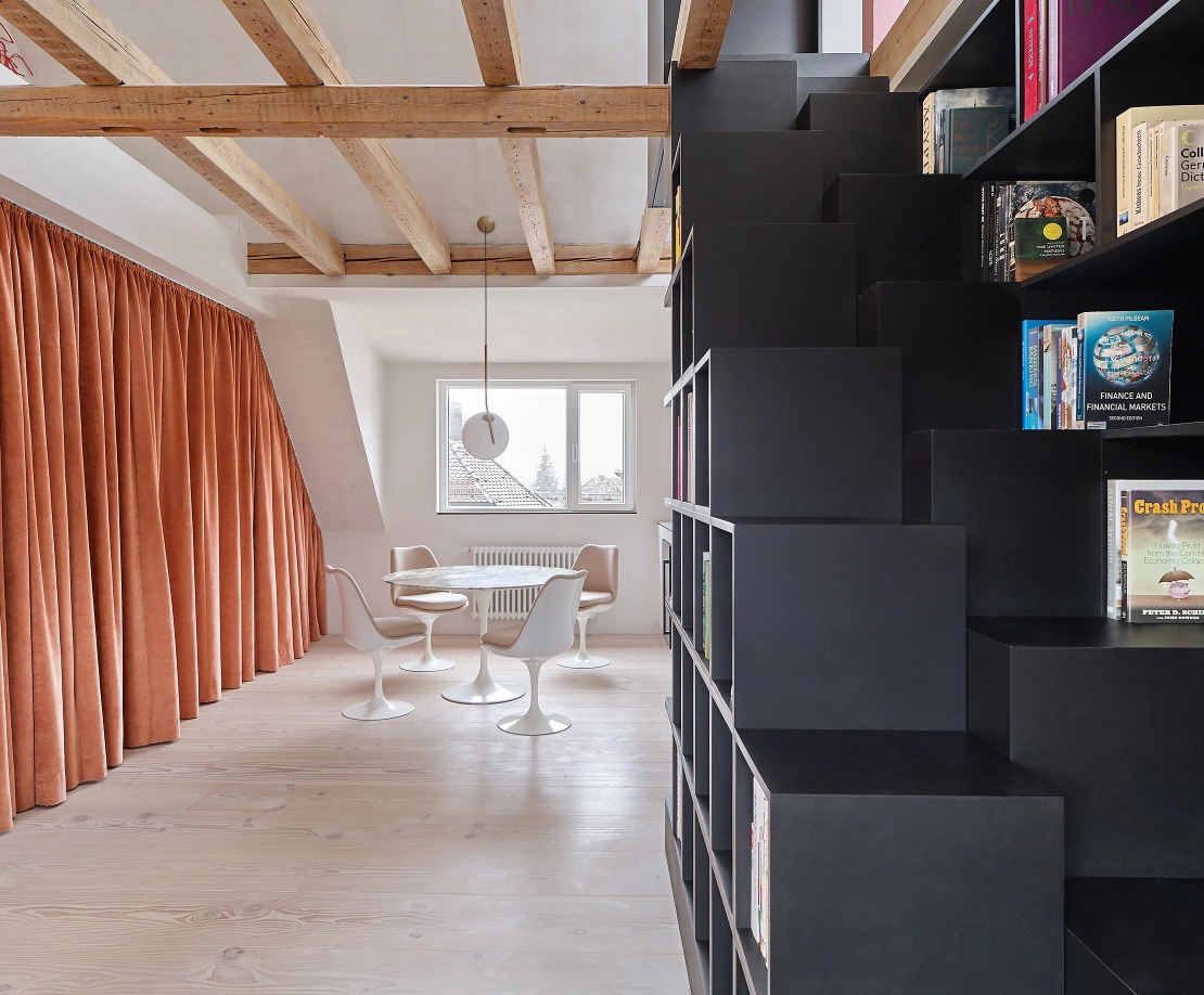 Soma Architecture Apartment Design dining area curtains and stairs