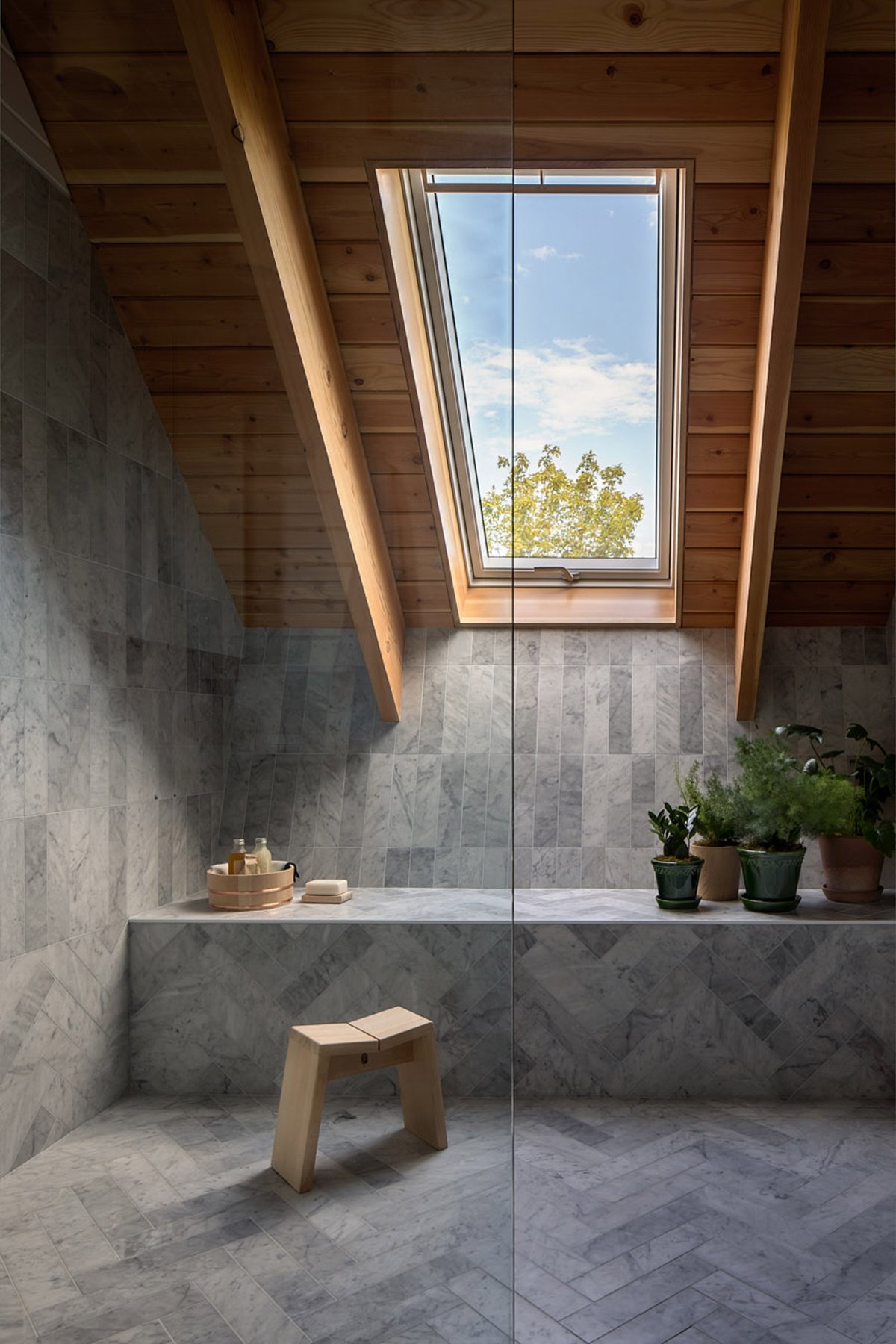 The Farm Modern House shower with skylight view