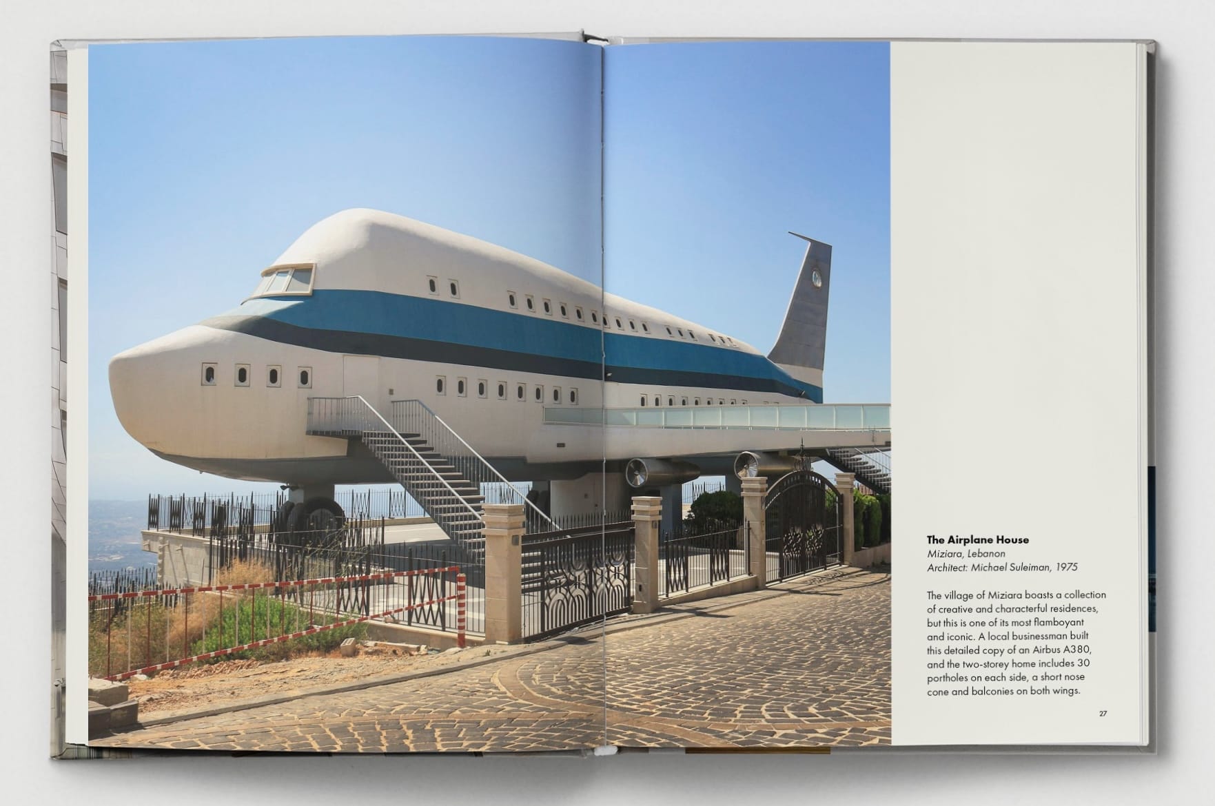 a spread from the book 'Weird Buildings' featuring a house shaped like an airplane