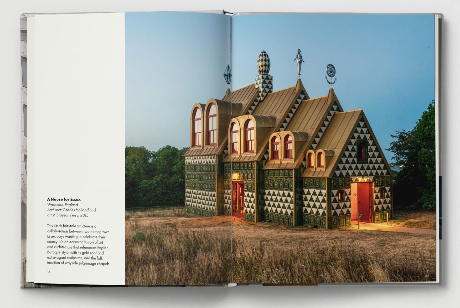 a spread from the book 'Weird Buildings,' featuring a unique patterned house with stacking gables