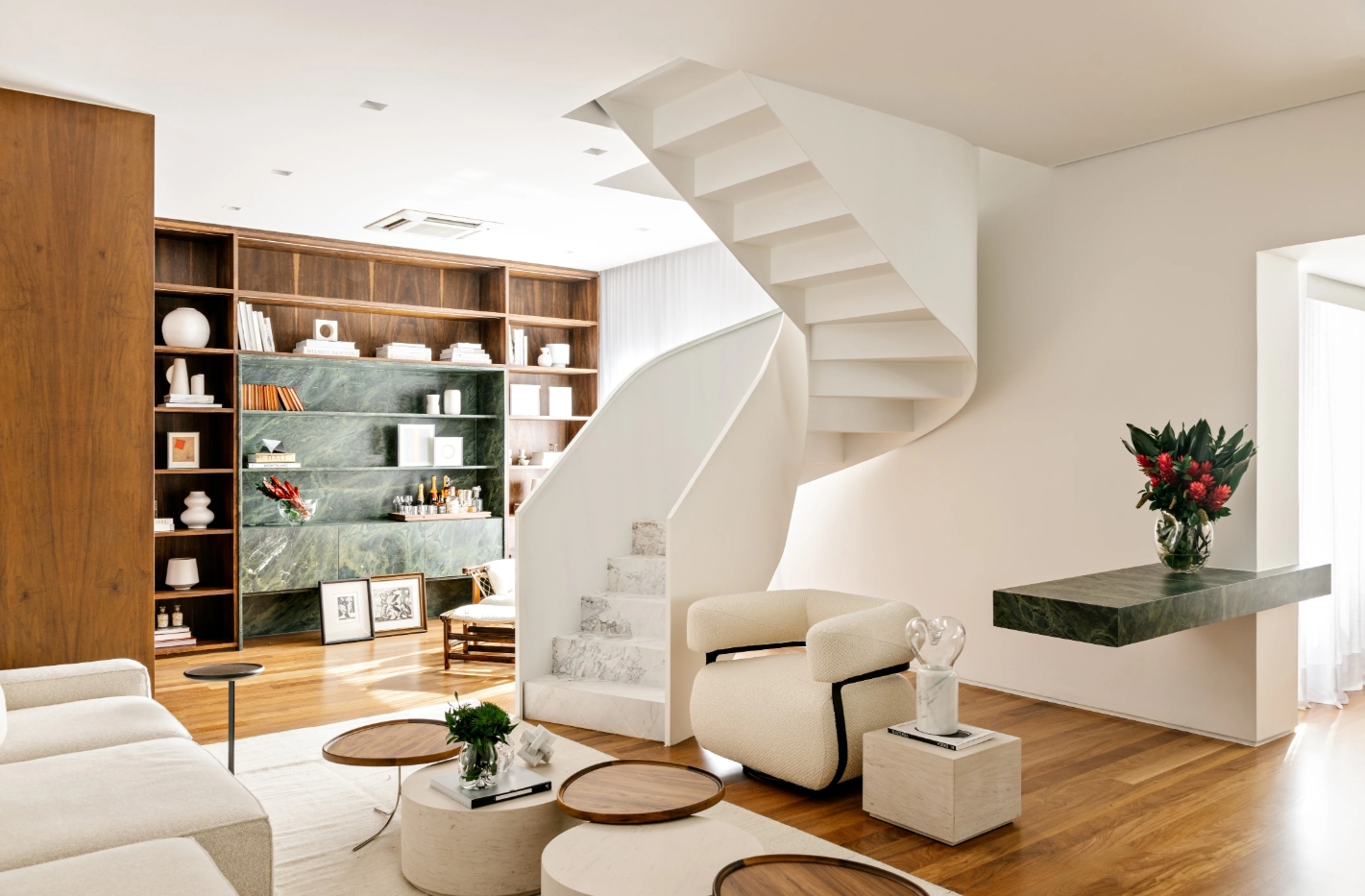 Apartment decor with spiral staircase living room space decor