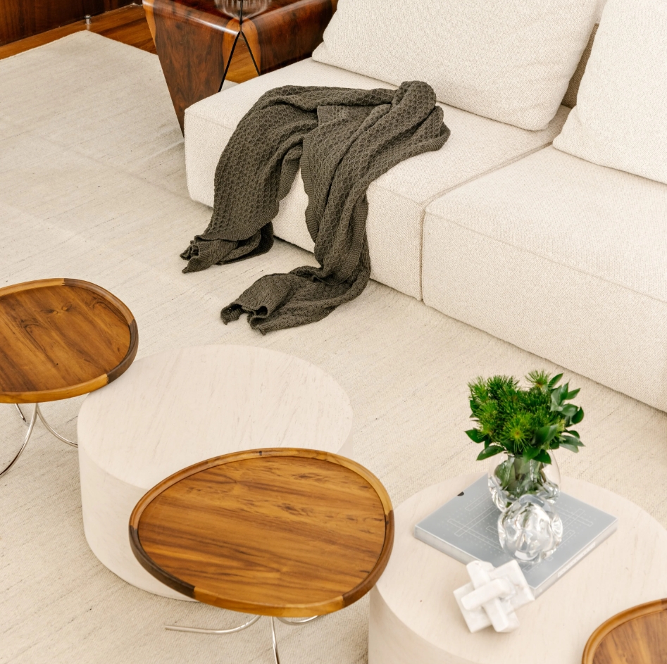 Apartment decor with spiral staircase tables