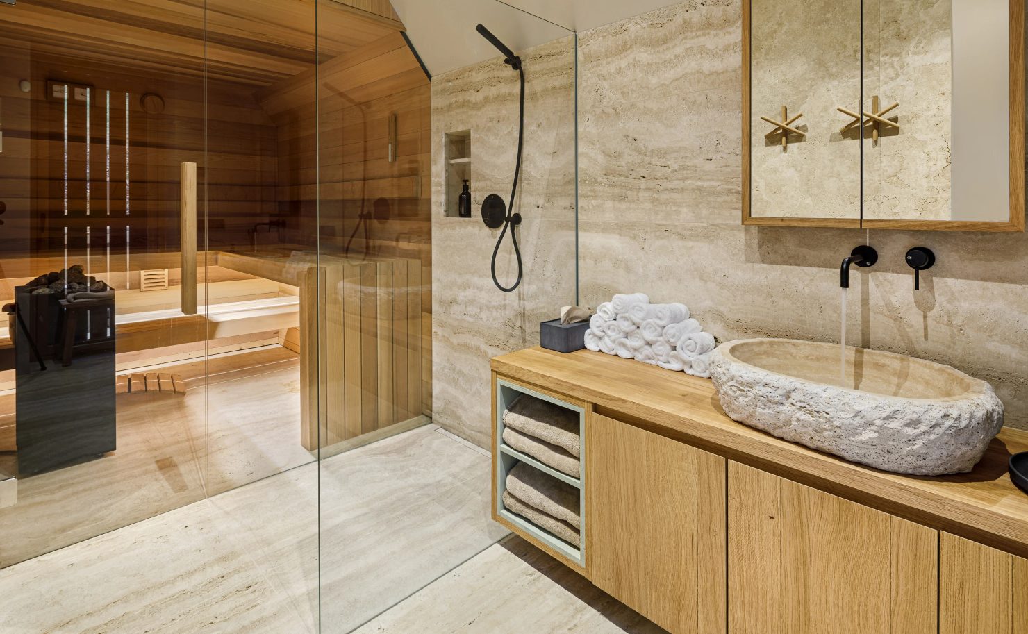 Horni Mala Upa Mountain Chalet OK PLAN ARCHITECTS in Czech Rep bathroom with travertine