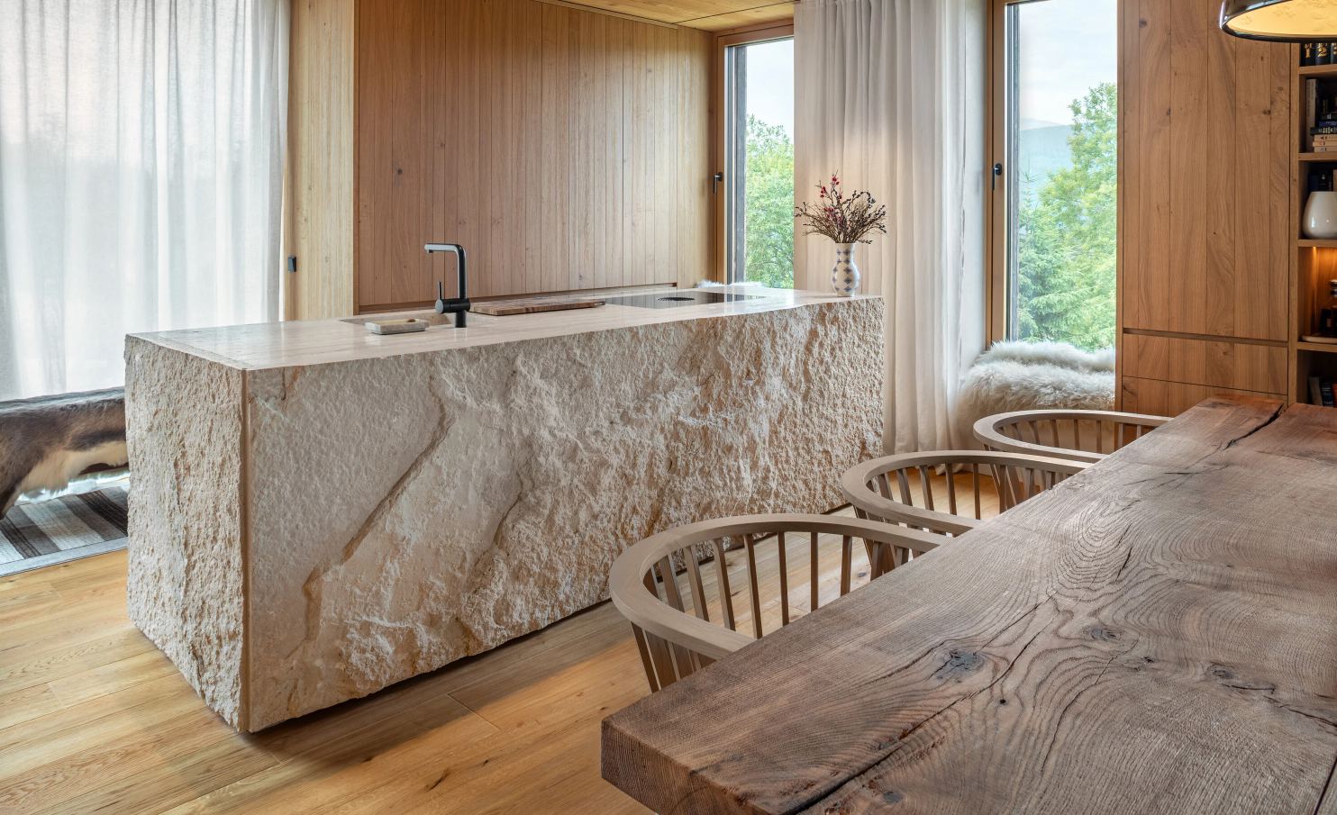 Horni Mala Upa Mountain Chalet OK PLAN ARCHITECTS in Czech Rep kitchen island with rock clad