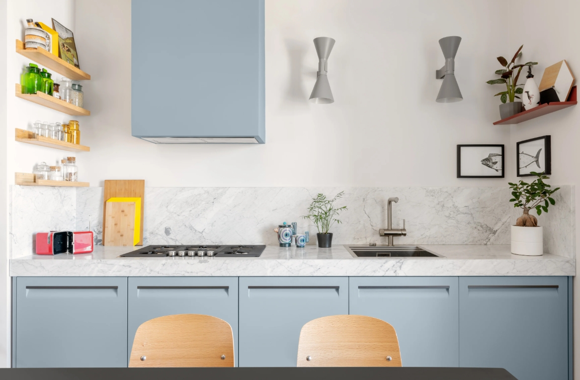 Small Casa Orlando from STUDIO D pale blue and marble countertop