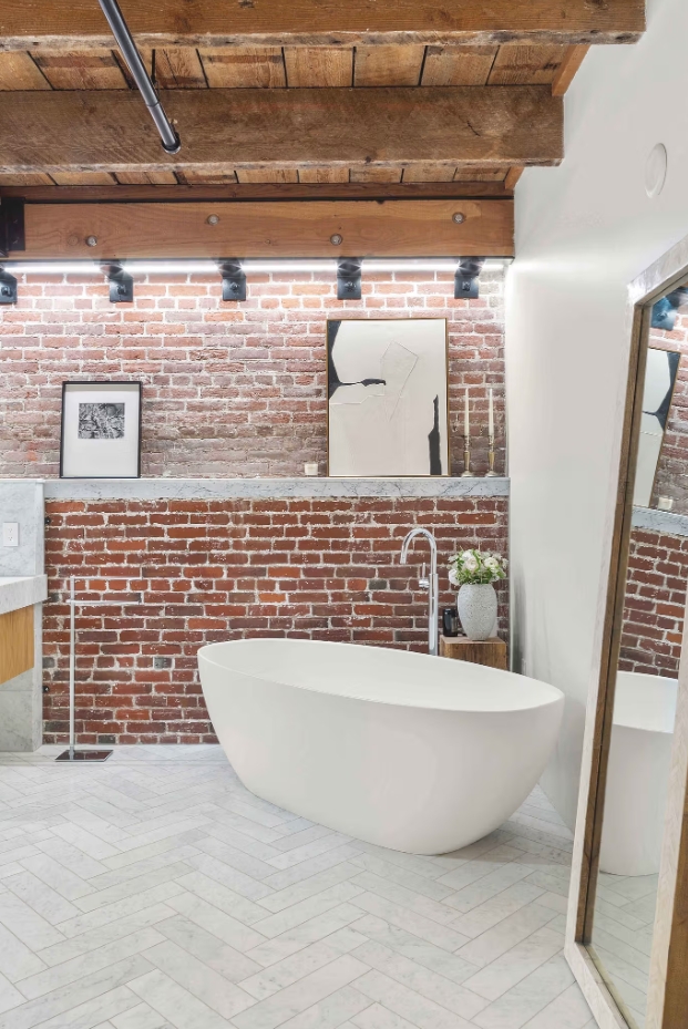 Warehouse loft design in San Francisco California bathroom freestanding tub