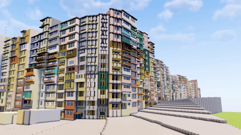 a still from a video by Sluda Builds of a Minecraft version of Kowloon City