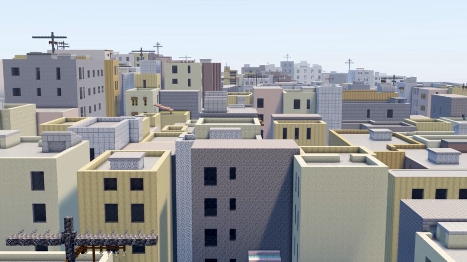 a still from a video by Sluda Builds of a Minecraft version of Kowloon City