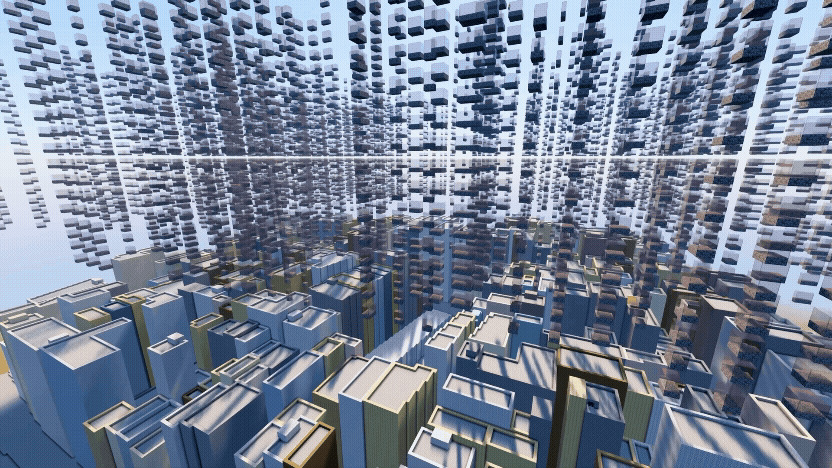 a gif from a video by Sluda Builds of a Minecraft version of Kowloon City, in which individual passageways are being added into the buildings