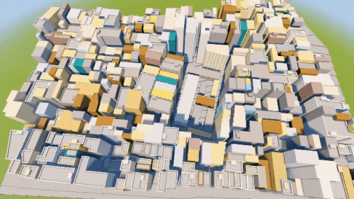 a gif from a video by Sluda Builds of a Minecraft version of Kowloon City as seen from the air