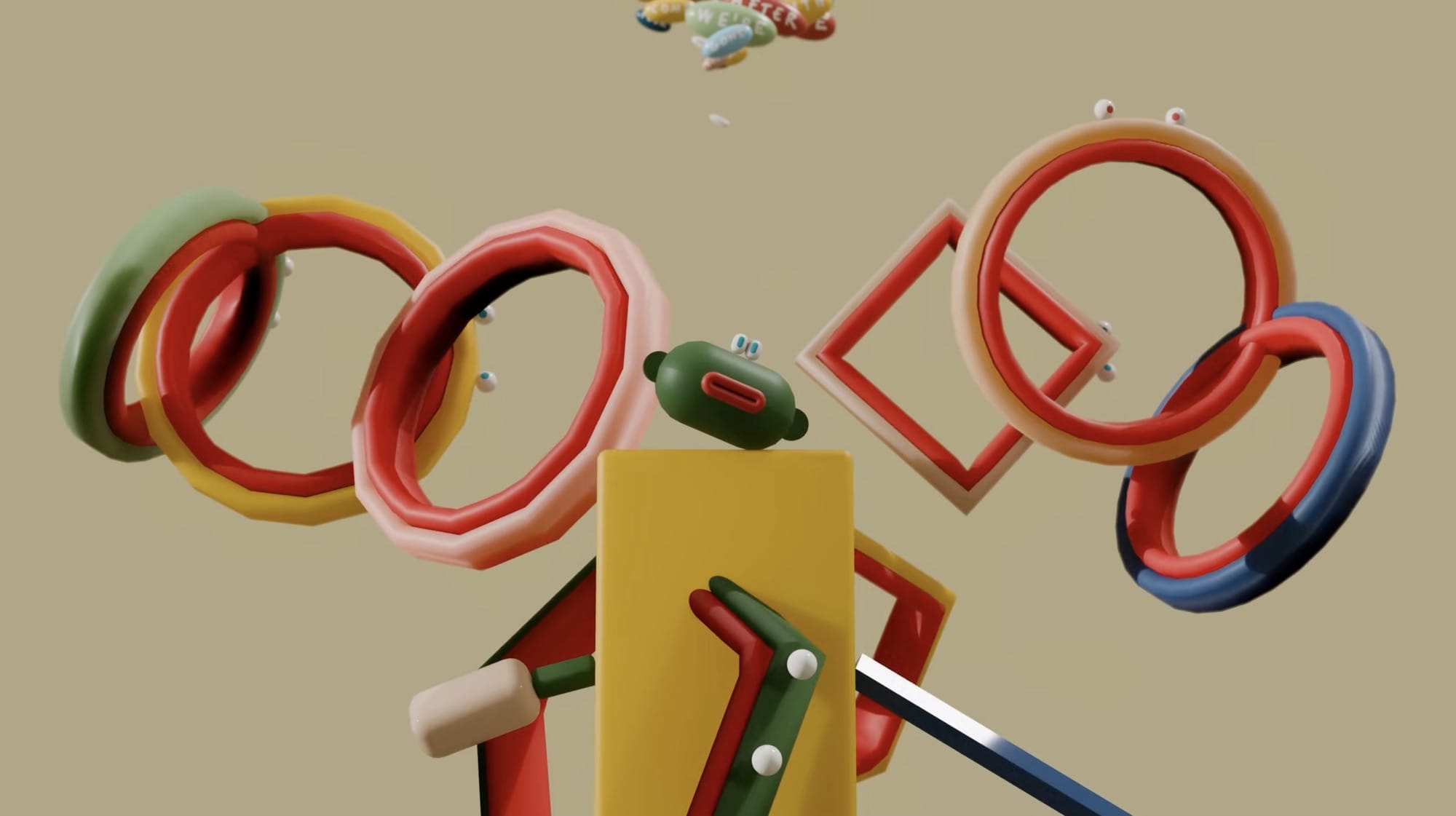 a screenshot from a music video by OK GO showing a computer animation of abstract, geometric shapes
