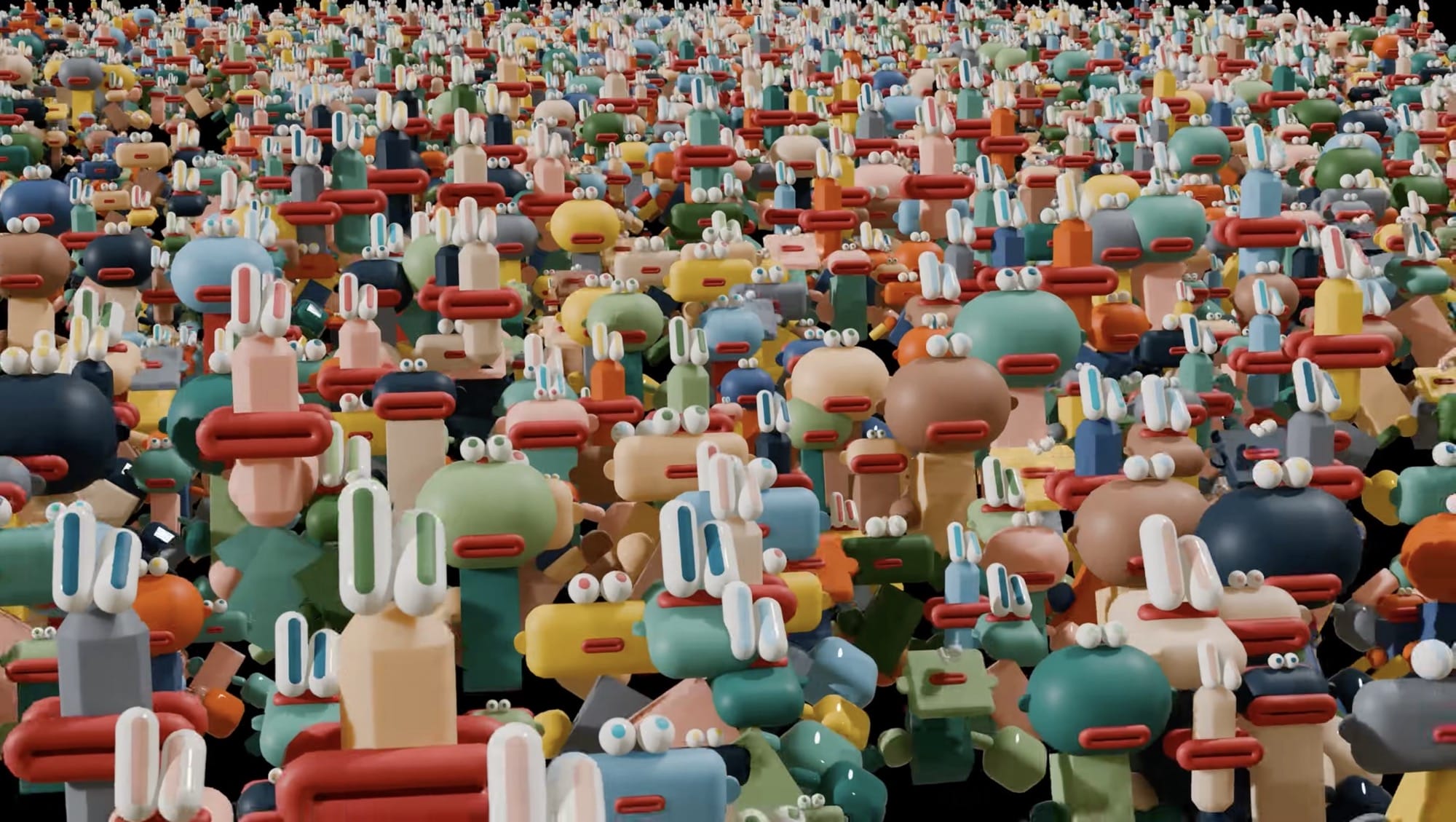 a screenshot from a music video by OK GO showing a computer animation of abstract, geometric figures