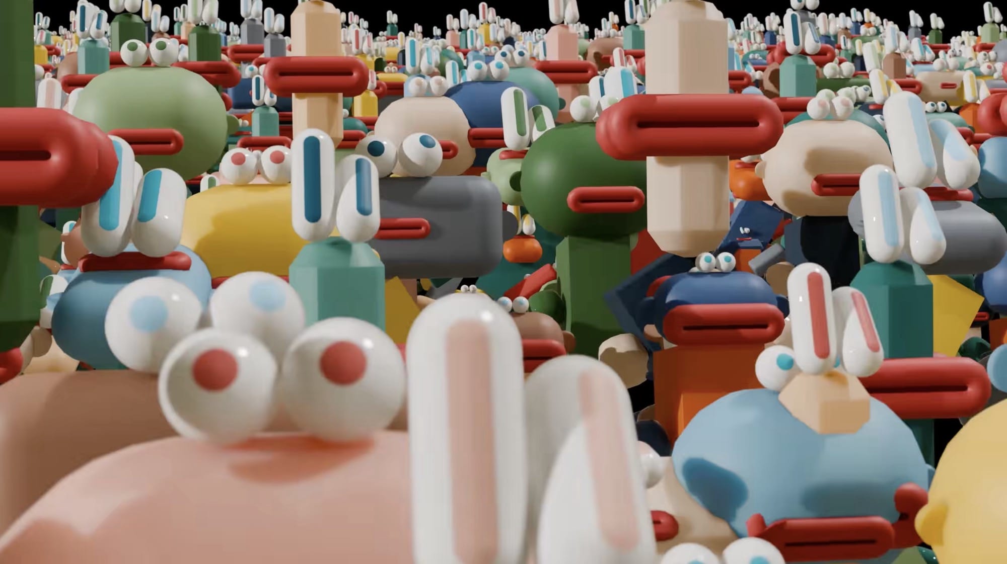 a screenshot from a music video by OK GO showing a computer animation of abstract, geometric figures