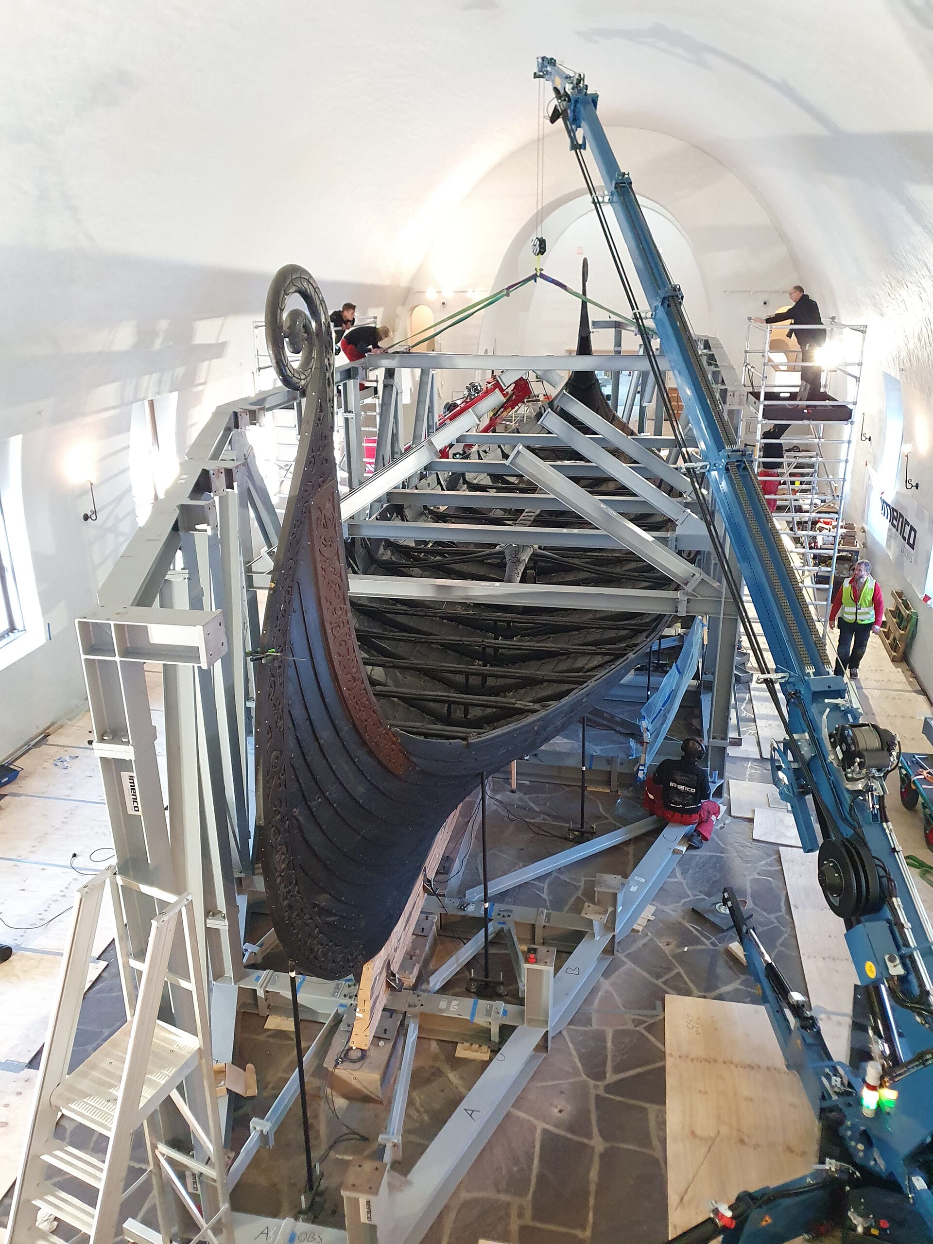 the Oseberg Viking Ship is covered in a protective steel framework
