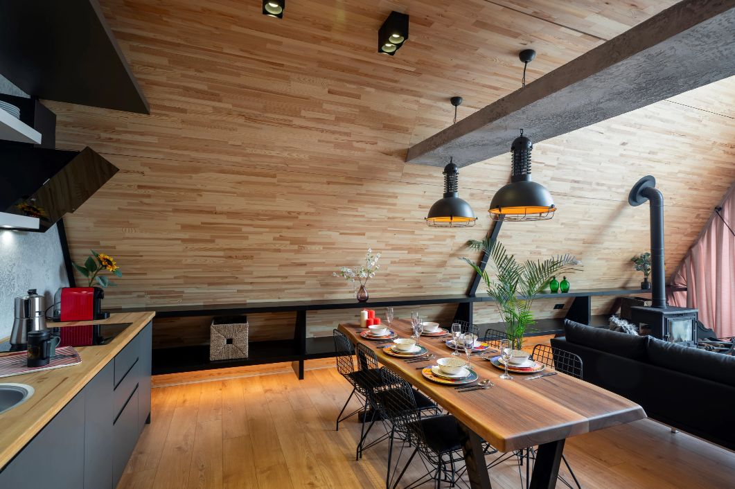 A frame cabin architecture dining kitchen open space