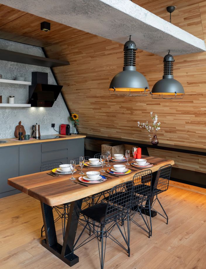 A frame cabin architecture kitchen area