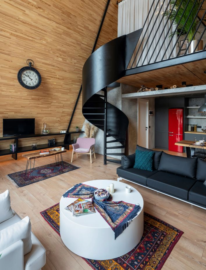 A frame cabin architecture living open space