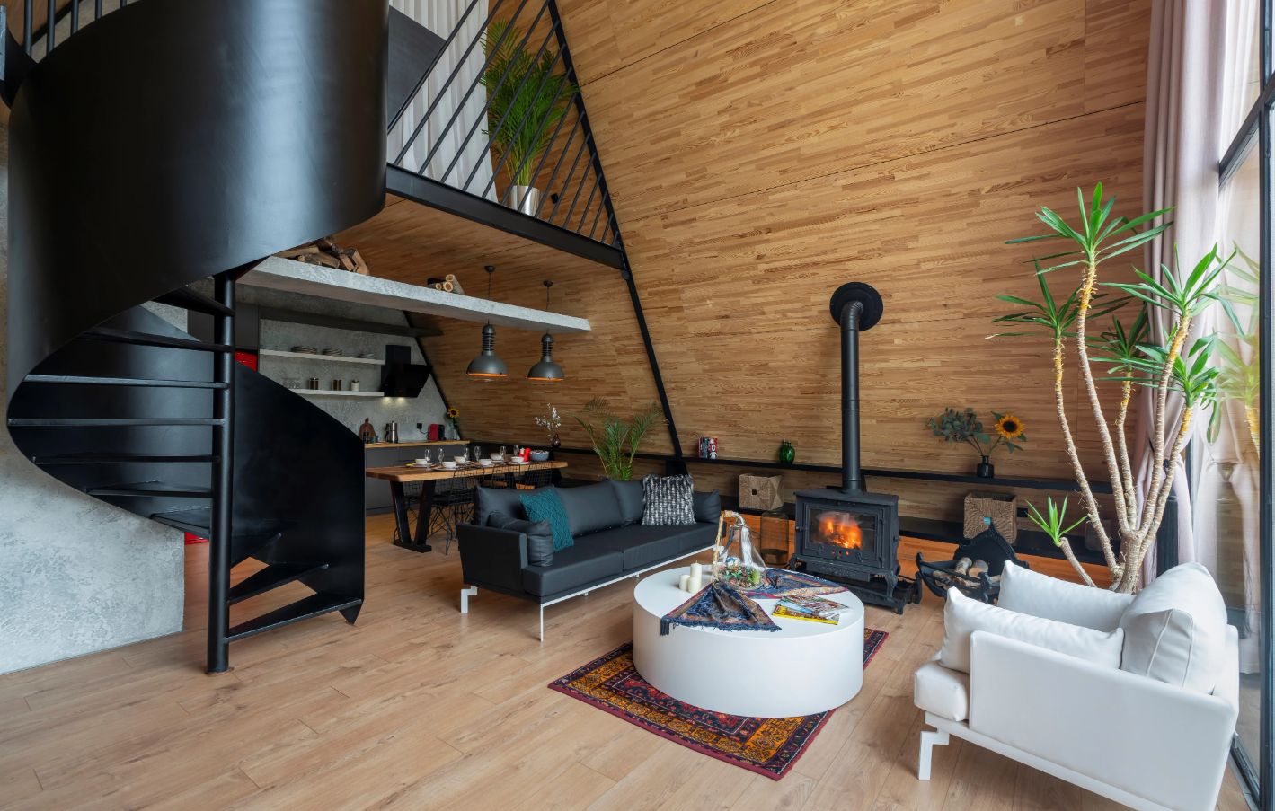 A frame cabin architecture patio spiral staircase