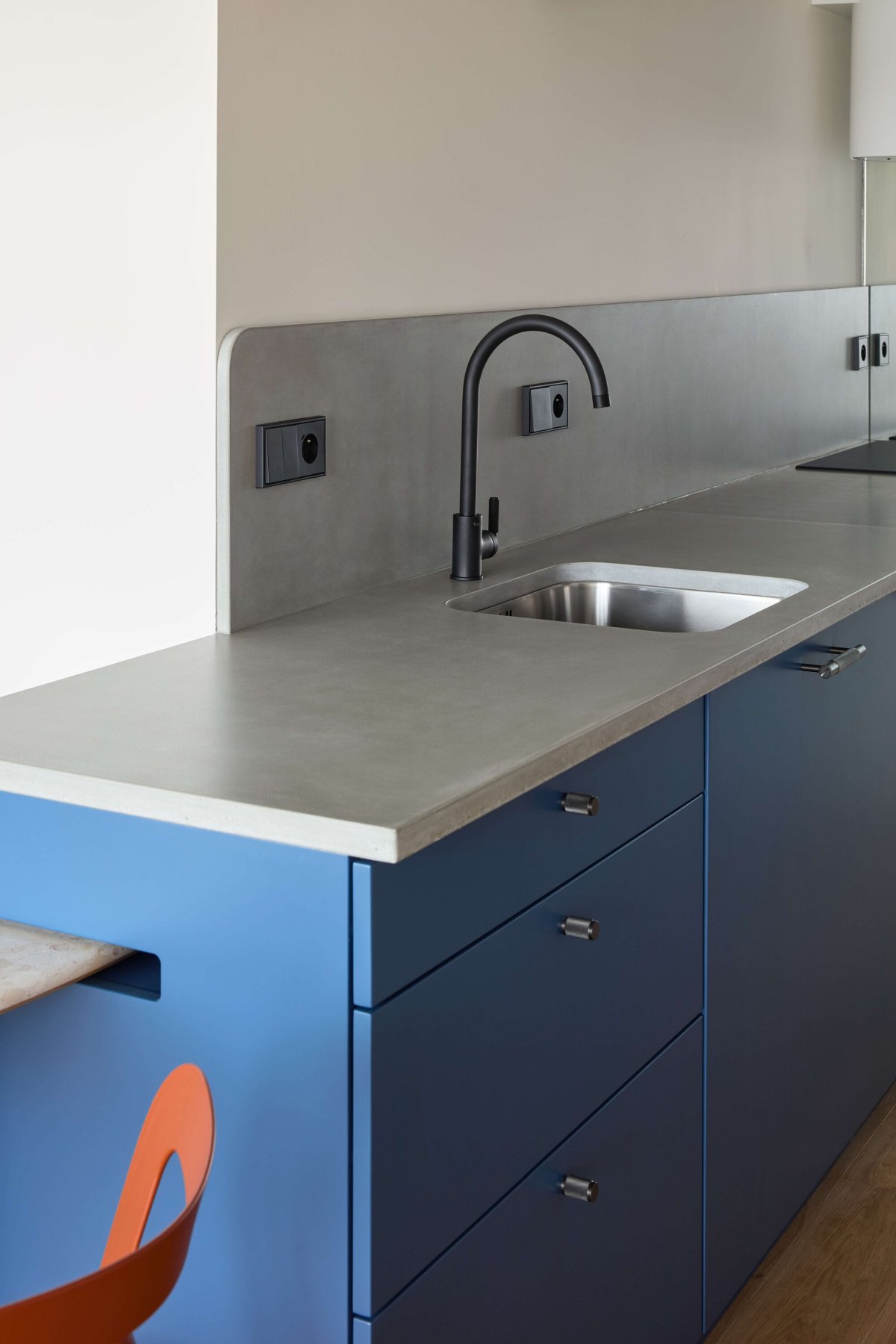 Above the Horizon Simple Apartment Decor blue kitchen cabinets