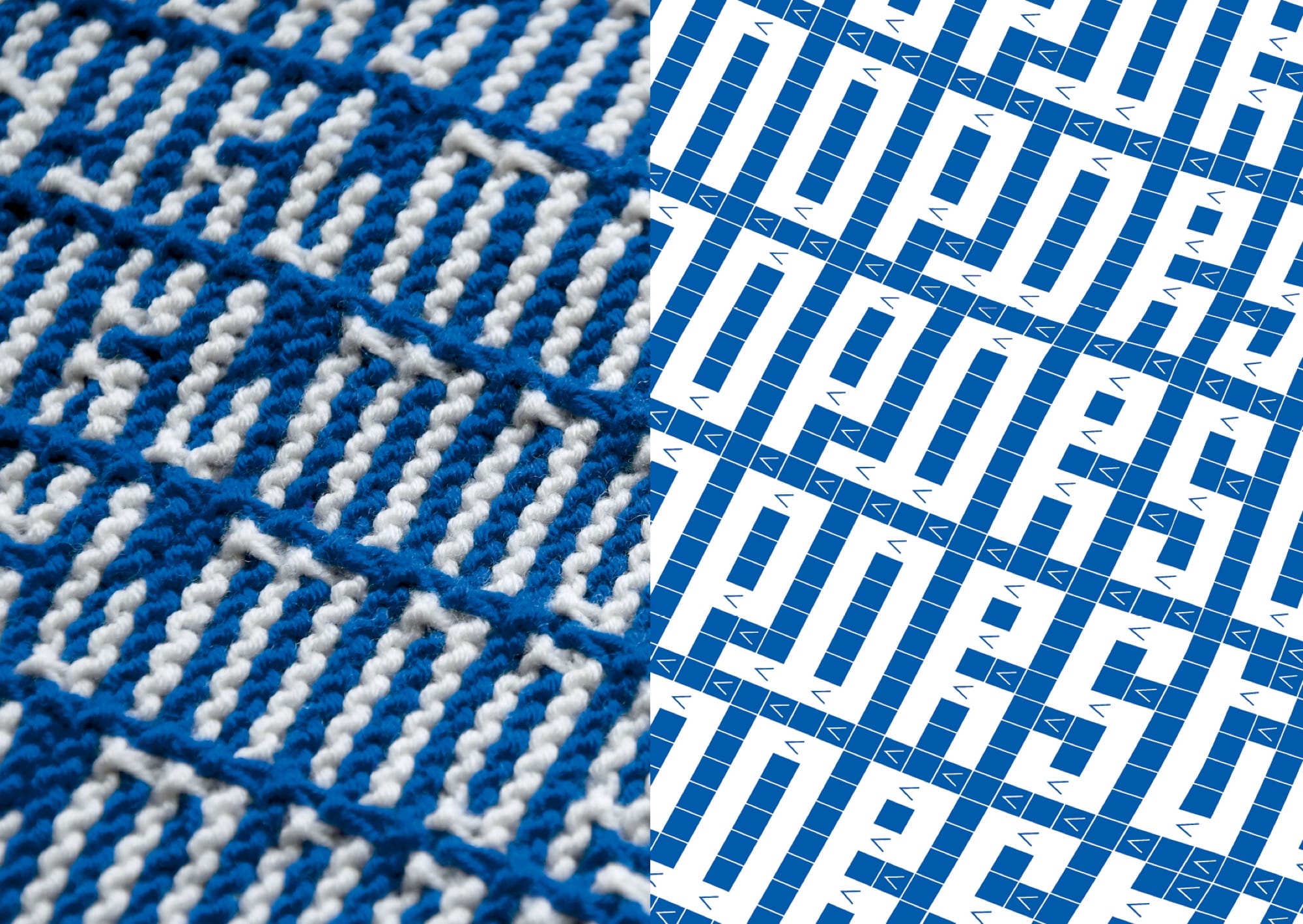 an image of a knitted alphabet in blue-and-white yarn next to a digital typeface that doubles as a knitting pattern