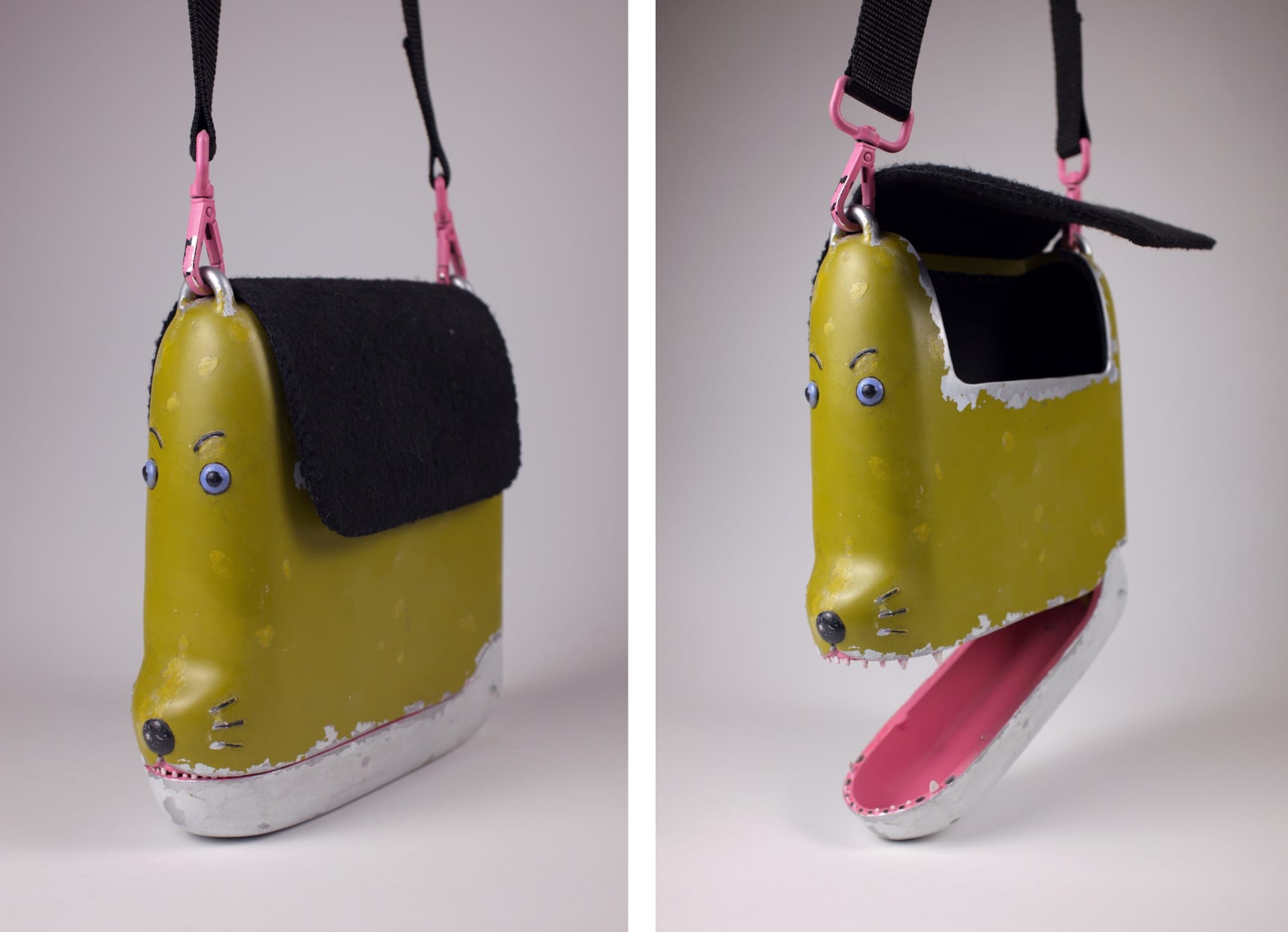 two side-by-side images of a purse that looks like a narrow dog's head, with a mouth that opens at the bottom and an ear shape that is a flap on the top